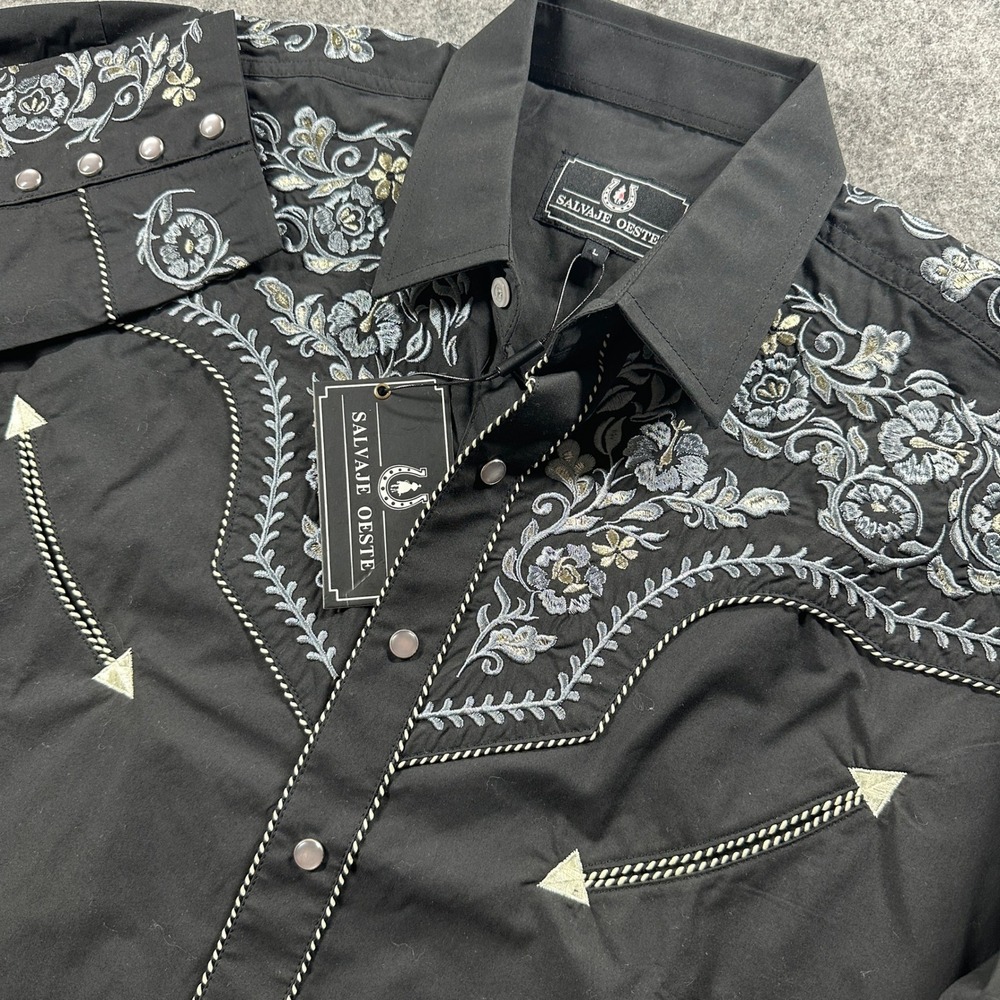 Salvaje Oeste‎ Western Shirt Mens L Black Floral Embroidered Pearl Snap LS NEW